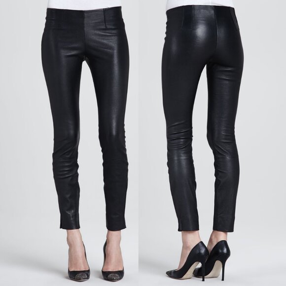 Theory Belisa Leather Skinny Pants Black Sz 00 Lambskin Leather Split Cuffs - Picture 1 of 12